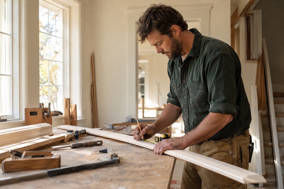 A contractor carefully measuring trim in a sunlit home